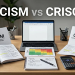 CISM vs CRISC certification comparison study workspace with cybersecurity and IT risk materials.