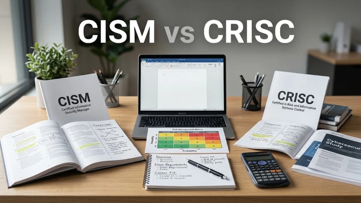 CISM vs CRISC certification comparison study workspace with cybersecurity and IT risk materials.