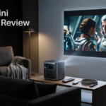EGJSG Mini Projector displaying a movie in a dark modern home entertainment room