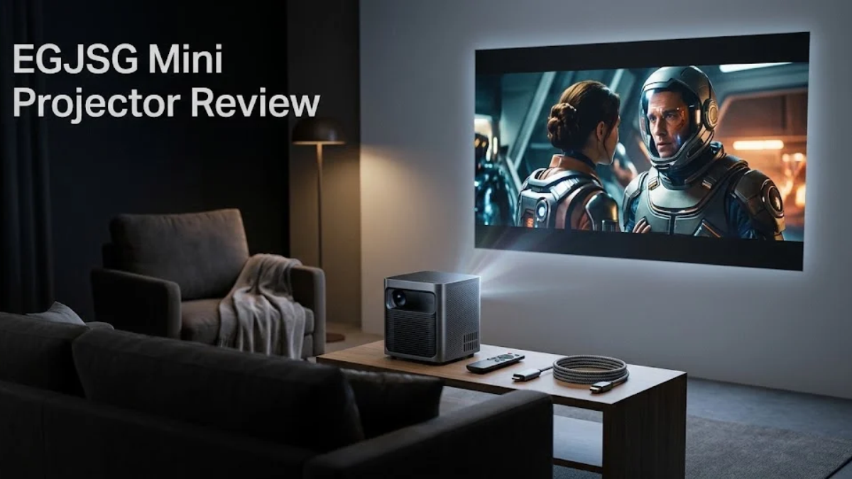 EGJSG Mini Projector displaying a movie in a dark modern home entertainment room
