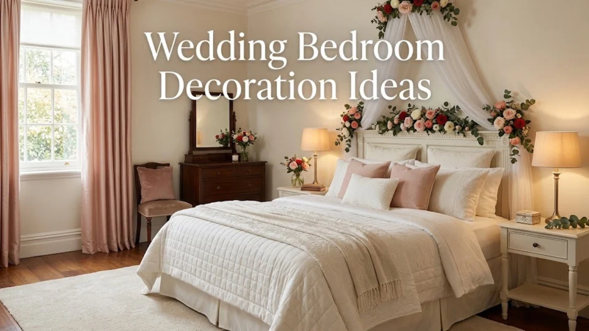 Elegant wedding bedroom with floral bed decoration and warm lighting