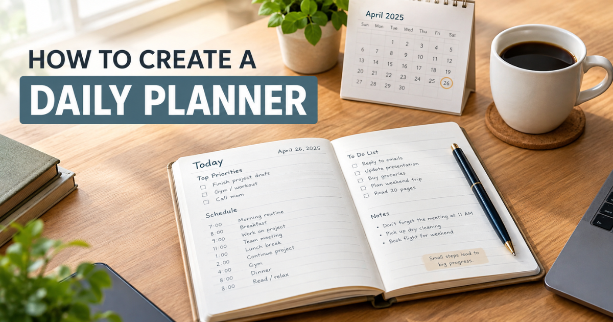 Learn how to create a daily planner with simple steps, realistic scheduling, time management tips, and practical ways to organize your day.