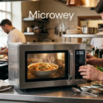 Modern microwave oven with a warm meal inside in a clean kitchen, illustrating Microwey technology and microwave cooking.