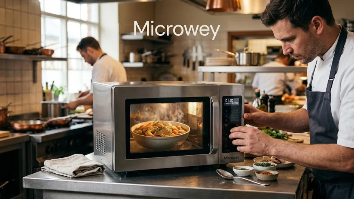 Modern microwave oven with a warm meal inside in a clean kitchen, illustrating Microwey technology and microwave cooking.