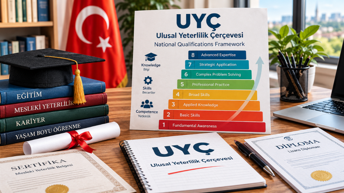 Turkish qualifications framework concept showing education certificates, learning levels, and UYÇ terminology.