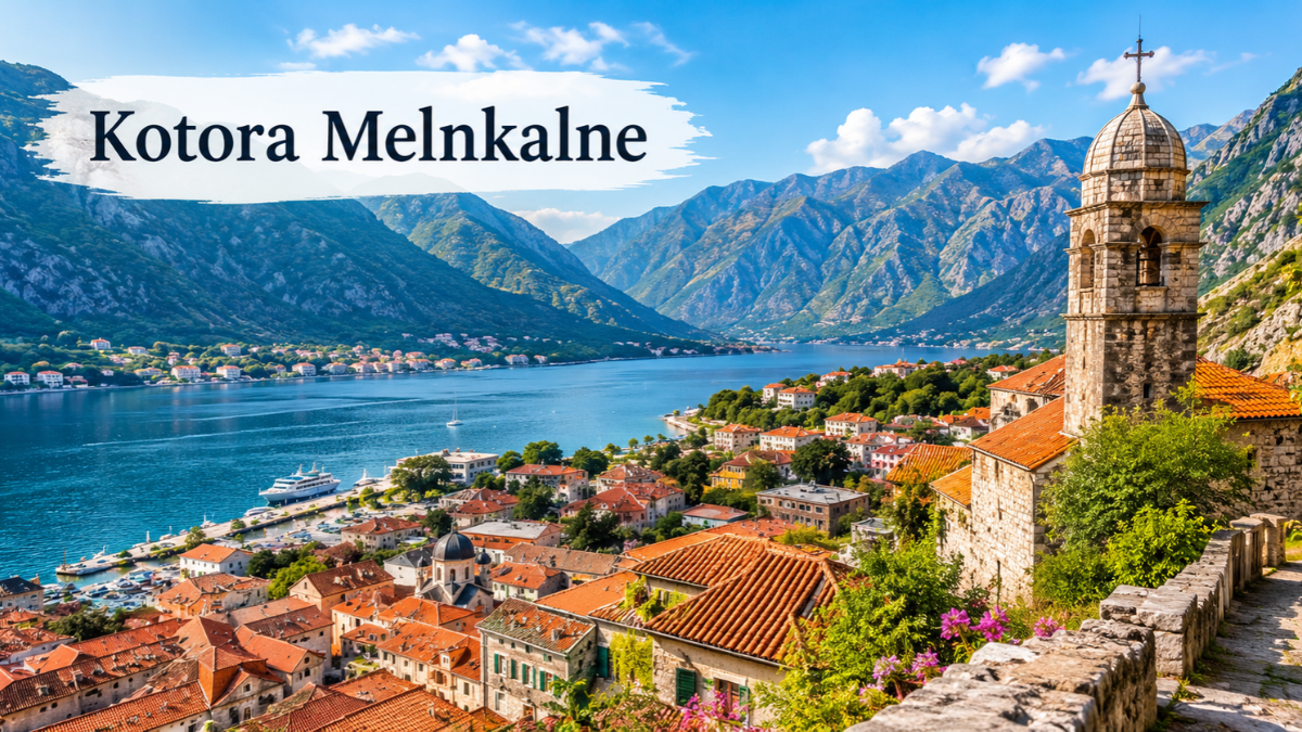 Kotor Montenegro Old Town beside the Bay of Kotor with dramatic mountains and the text “Kotora Melnkalne”