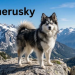 Pomerusky, a fluffy Pomeranian and Siberian Husky mix, standing in a bright modern home with a grooming brush, leash, dog bed, and notebook labeled Pomerusky.