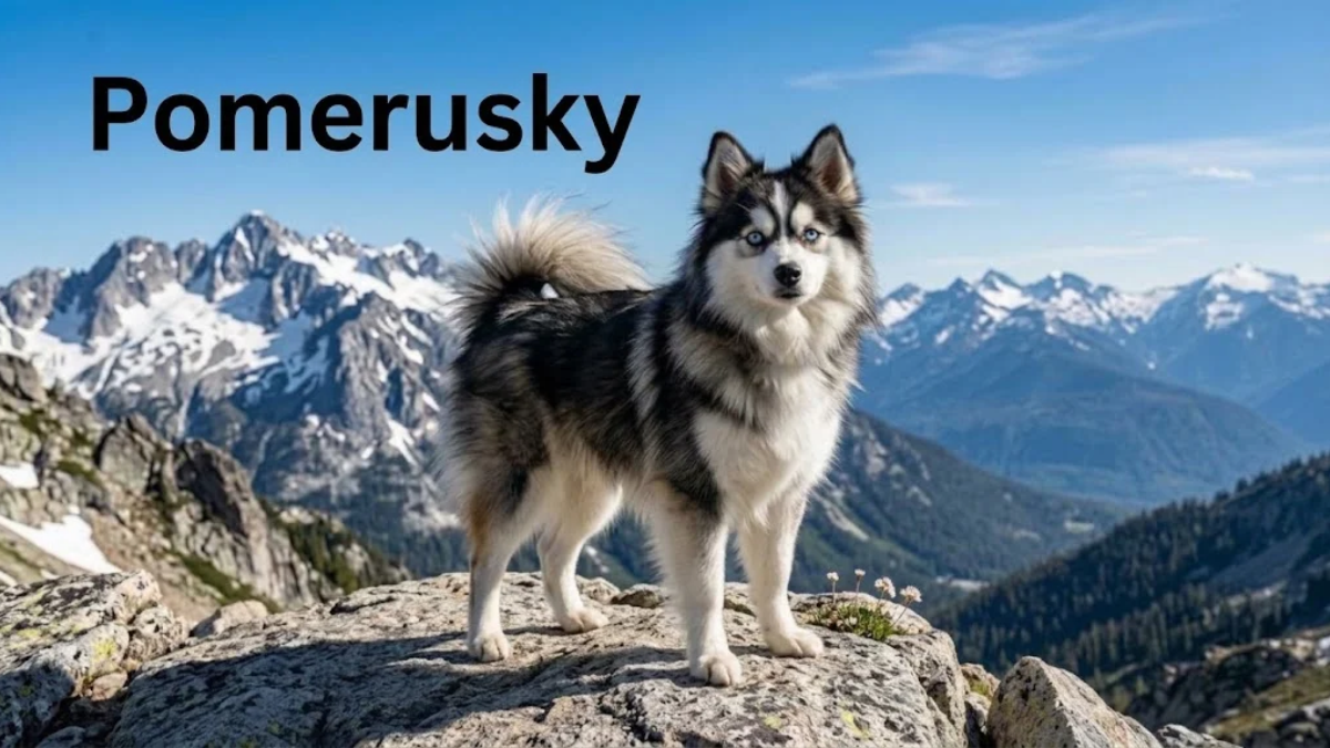 Pomerusky, a fluffy Pomeranian and Siberian Husky mix, standing in a bright modern home with a grooming brush, leash, dog bed, and notebook labeled Pomerusky.