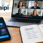 Realistic editorial desk scene illustrating Skaipi through gaming top-ups, video communication, and language research.