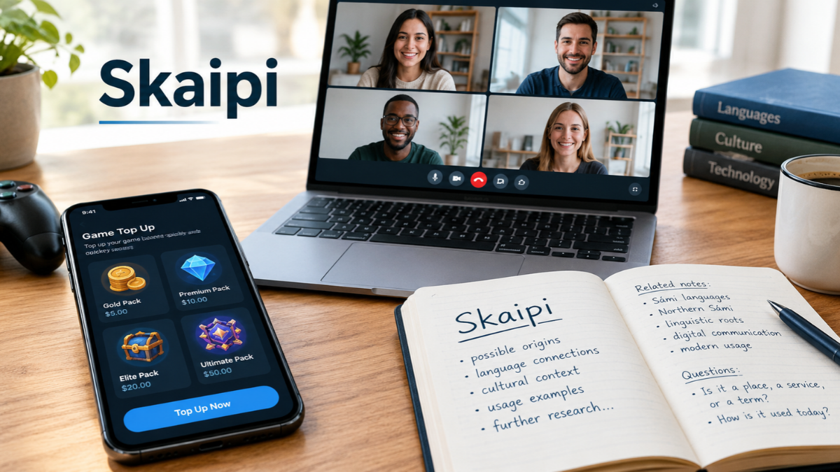 Realistic editorial desk scene illustrating Skaipi through gaming top-ups, video communication, and language research.