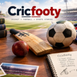 Cricfooty sports website history represented by a cricket bat, cricket ball, football and research notebook.