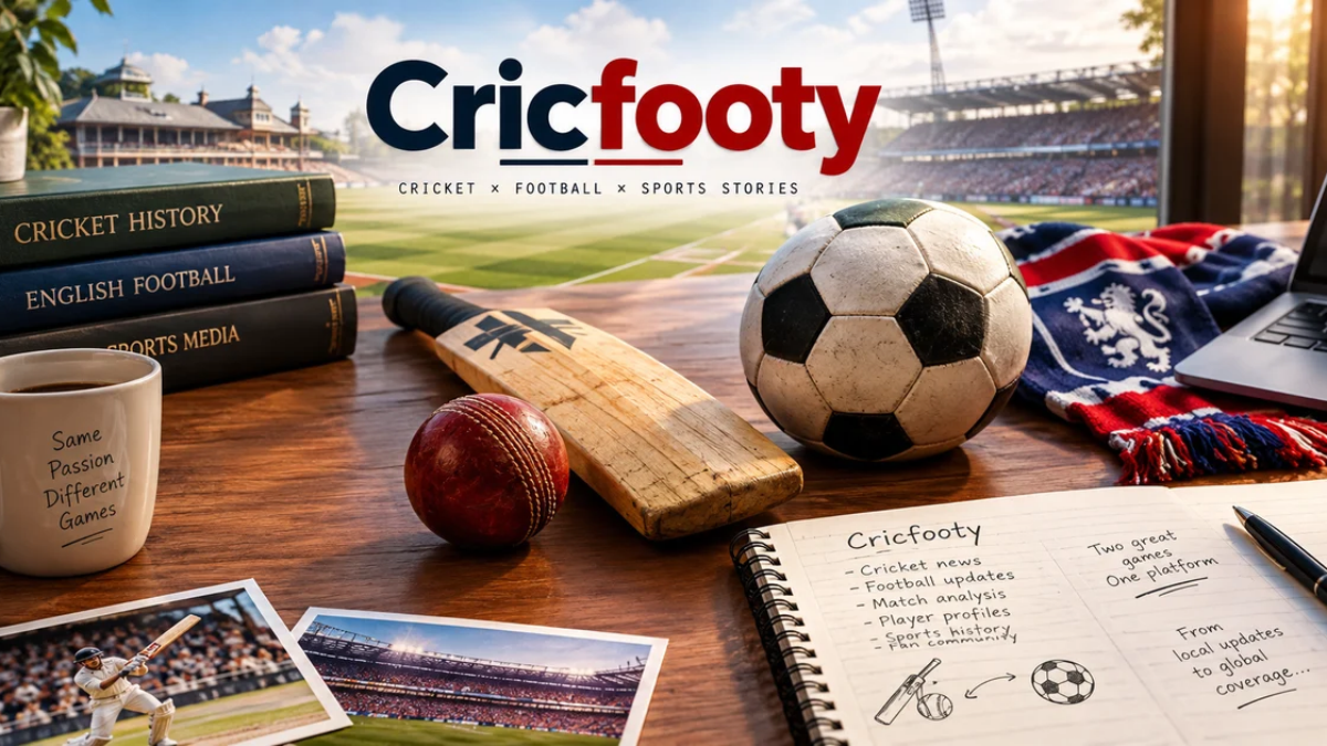 Cricfooty sports website history represented by a cricket bat, cricket ball, football and research notebook.