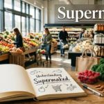 Supermaked meaning guide showing a notebook with the term Supermaked beside fresh groceries and a shopping basket.