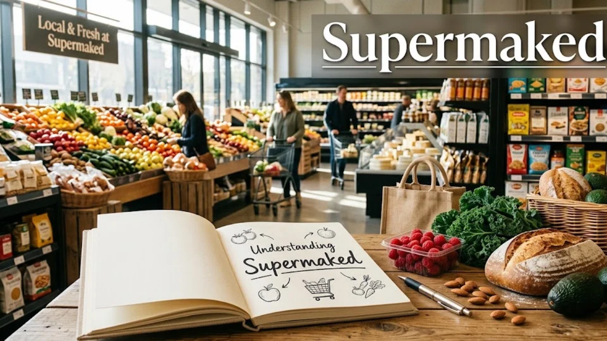 Supermaked meaning guide showing a notebook with the term Supermaked beside fresh groceries and a shopping basket.