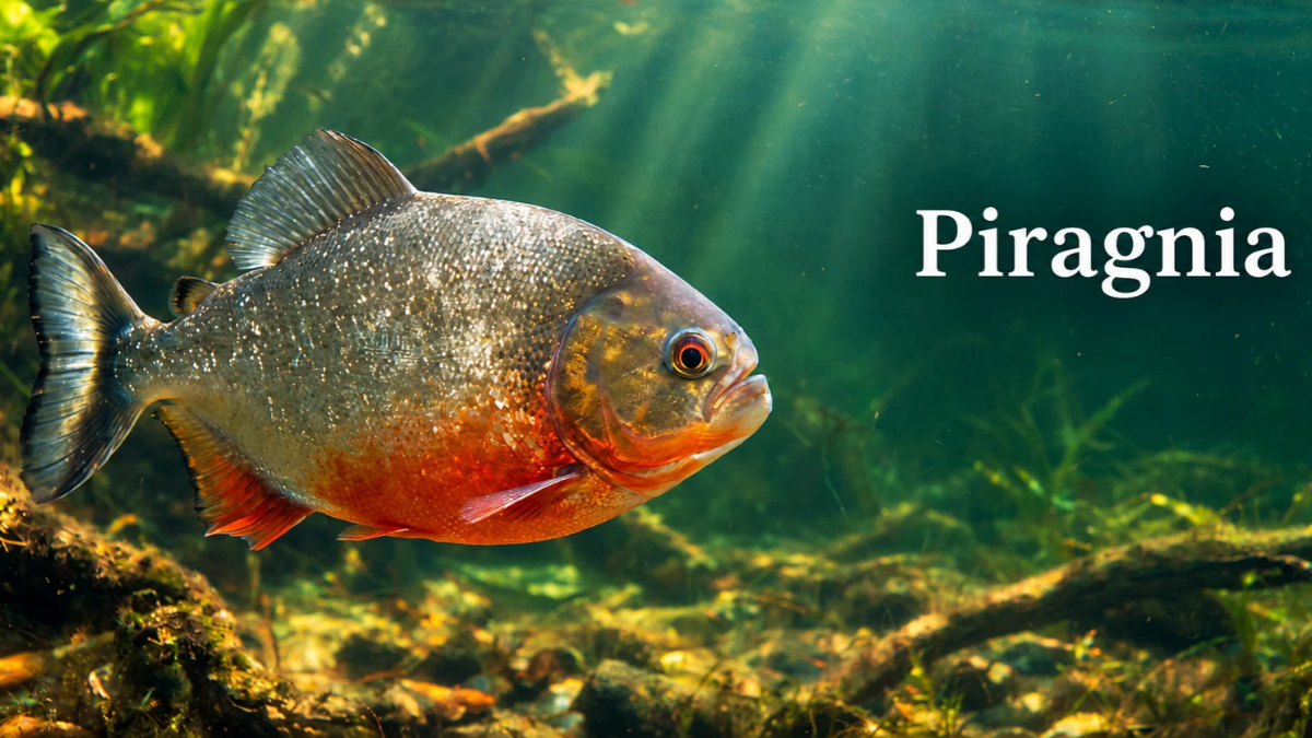 Red-bellied piranha swimming in freshwater, illustrating the likely connection between Piragnia and piranha.