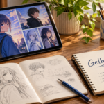 Notebook labeled Gelboodu beside a tablet displaying original anime-inspired illustrations and digital art sketches.