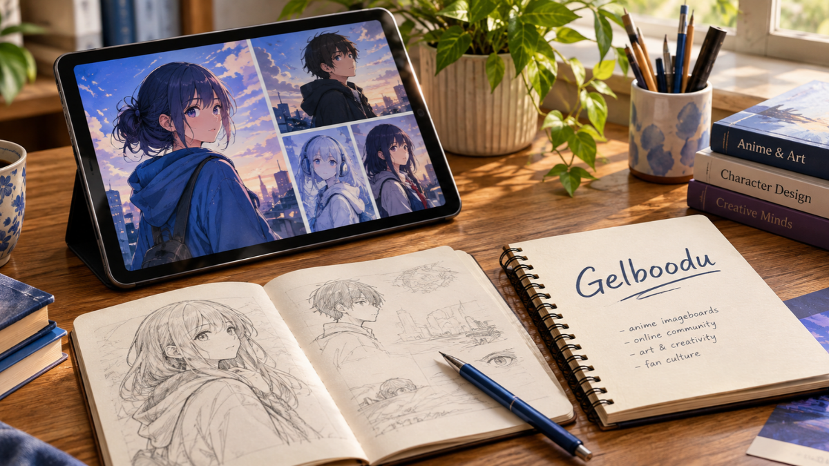Notebook labeled Gelboodu beside a tablet displaying original anime-inspired illustrations and digital art sketches.