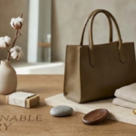 Elegant neutral-toned luxury handbag, minimalist jewelry, and folded linen fabric arranged on a natural wood and stone surface in a refined interior.