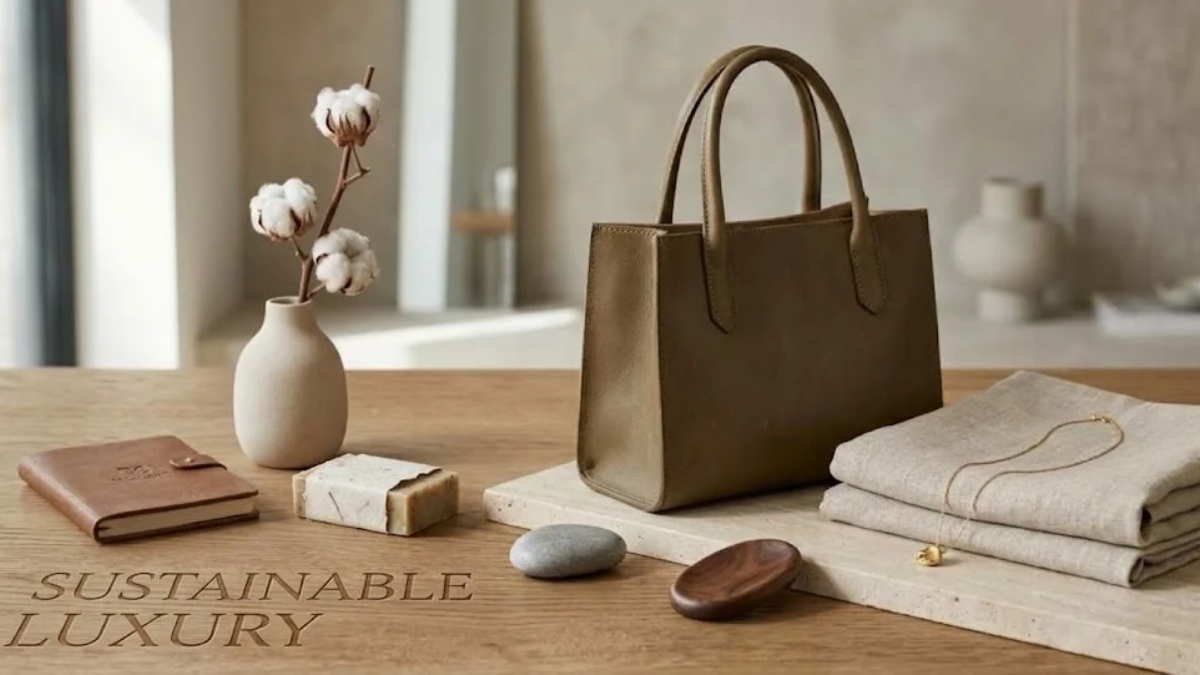 Elegant neutral-toned luxury handbag, minimalist jewelry, and folded linen fabric arranged on a natural wood and stone surface in a refined interior.