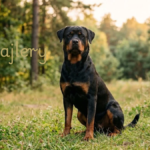 A black-and-tan Rottweiler sitting calmly in a green meadow.
