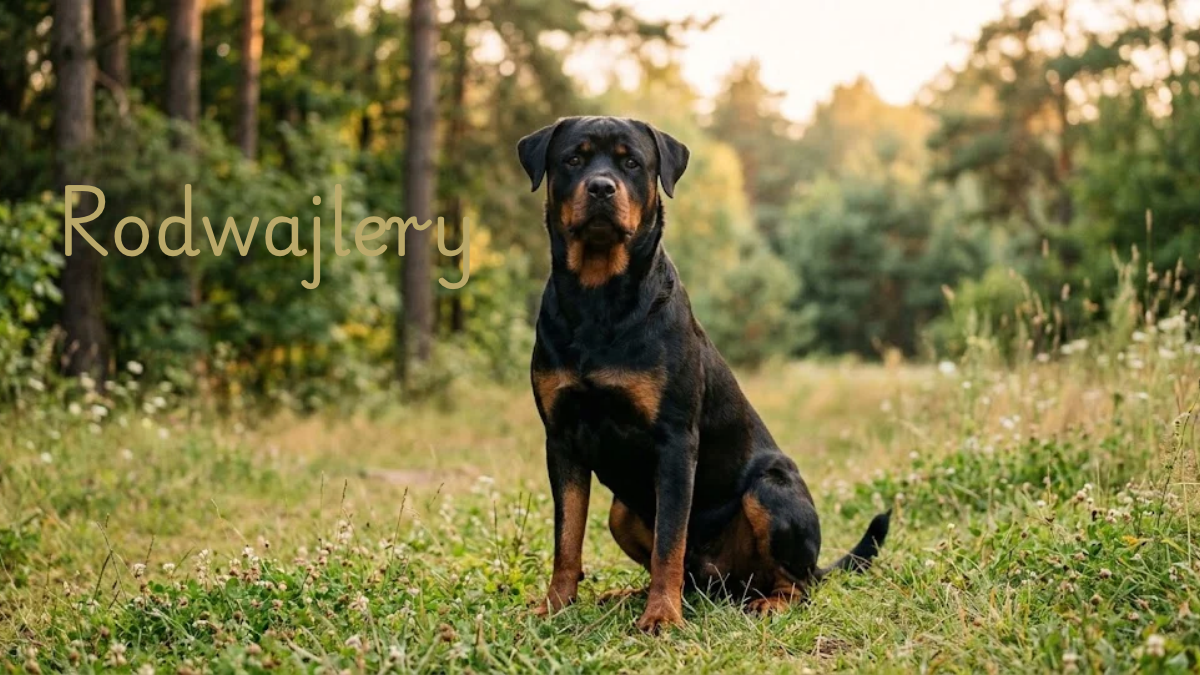 A black-and-tan Rottweiler sitting calmly in a green meadow.